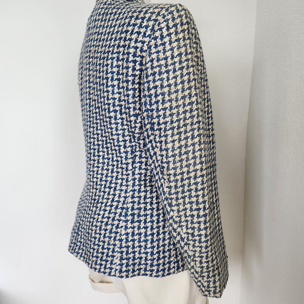 Vintage 90s Houndstooth Tweed Blazer Jacket Cream Blue 3 Button Long Sleeve L - Picture 10 of 13